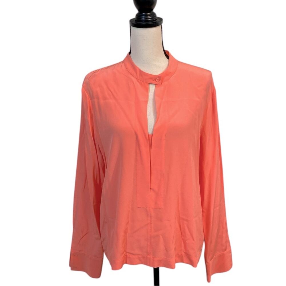 BCBGMaxAzria Coral Orange Silk Keyhole Long Sleeve Blouse Large